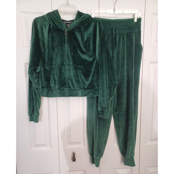 Victoria Secret Green Velour Tracksuit Set Cropped Hoodie Jogger Women’s Size S - Picture 1 of 10
